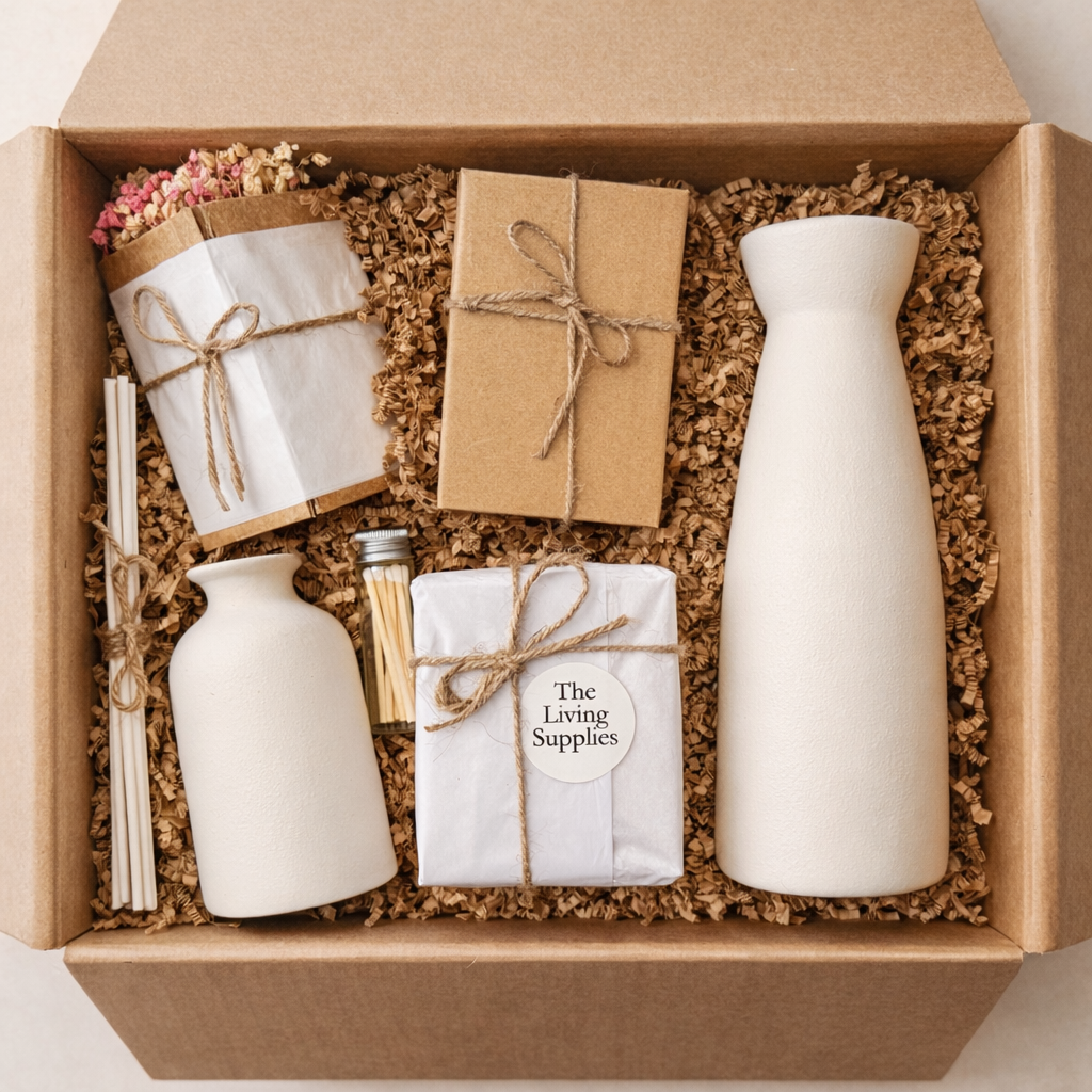 Open gift box with ceramic vases and wrapped parcels in shredded paper