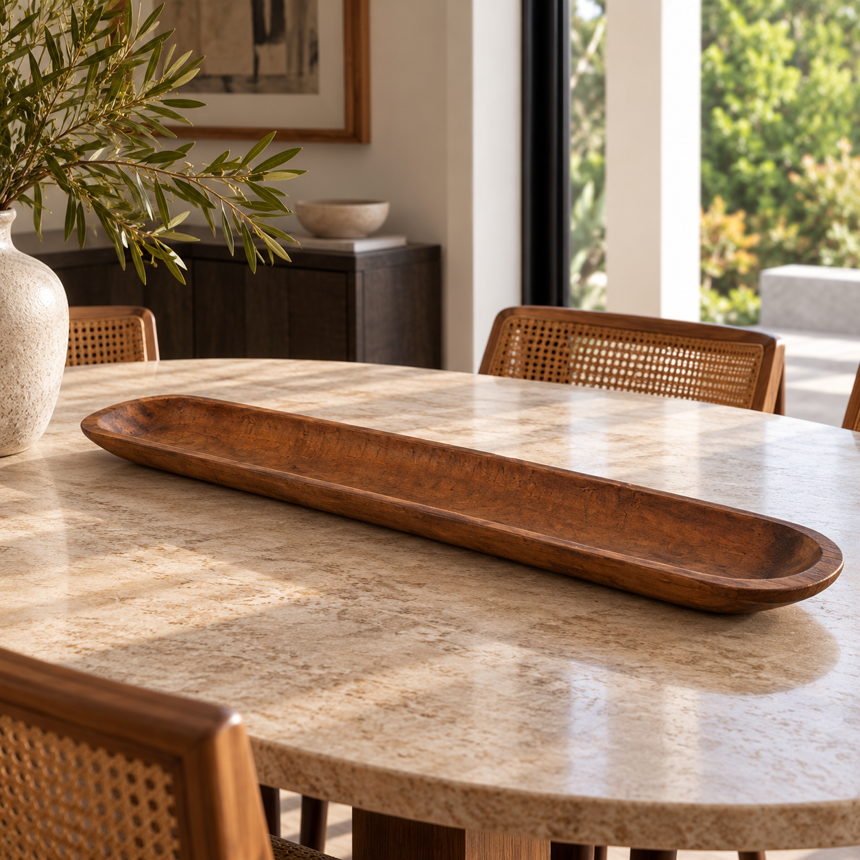 40-inch natural wood dough bowl on a sunlit dining table