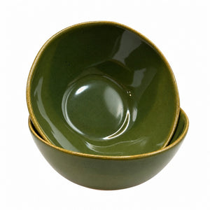 Two glossy olive-green Ola ceramic cereal bowls on a white background