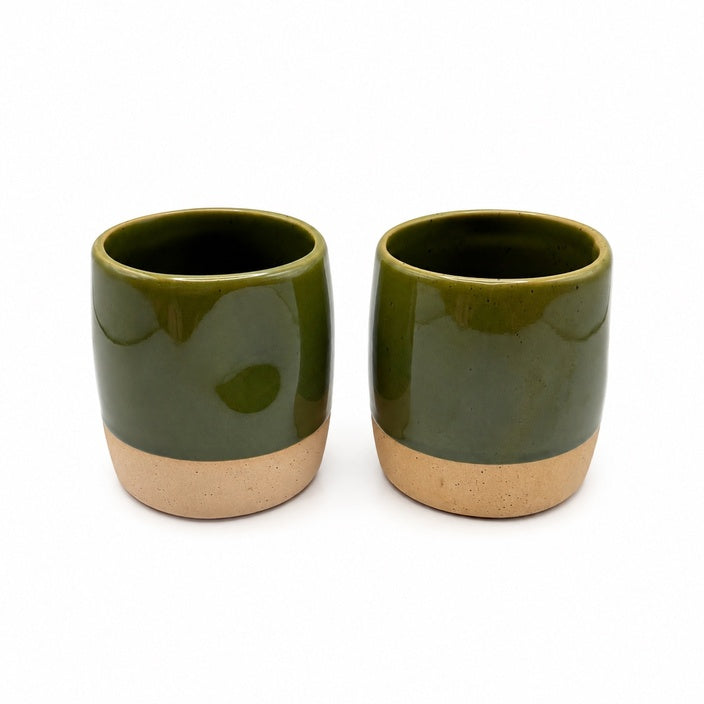 Two olive-green Cliffs thumbprint cups on a white background