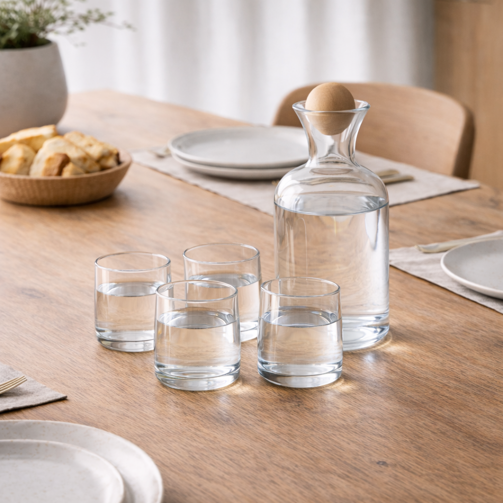 Clear glass water carafe with a round stopper and four tumblers on a dining table