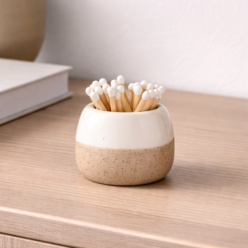 Cream and natural ceramic match pot holding matches on a wooden table