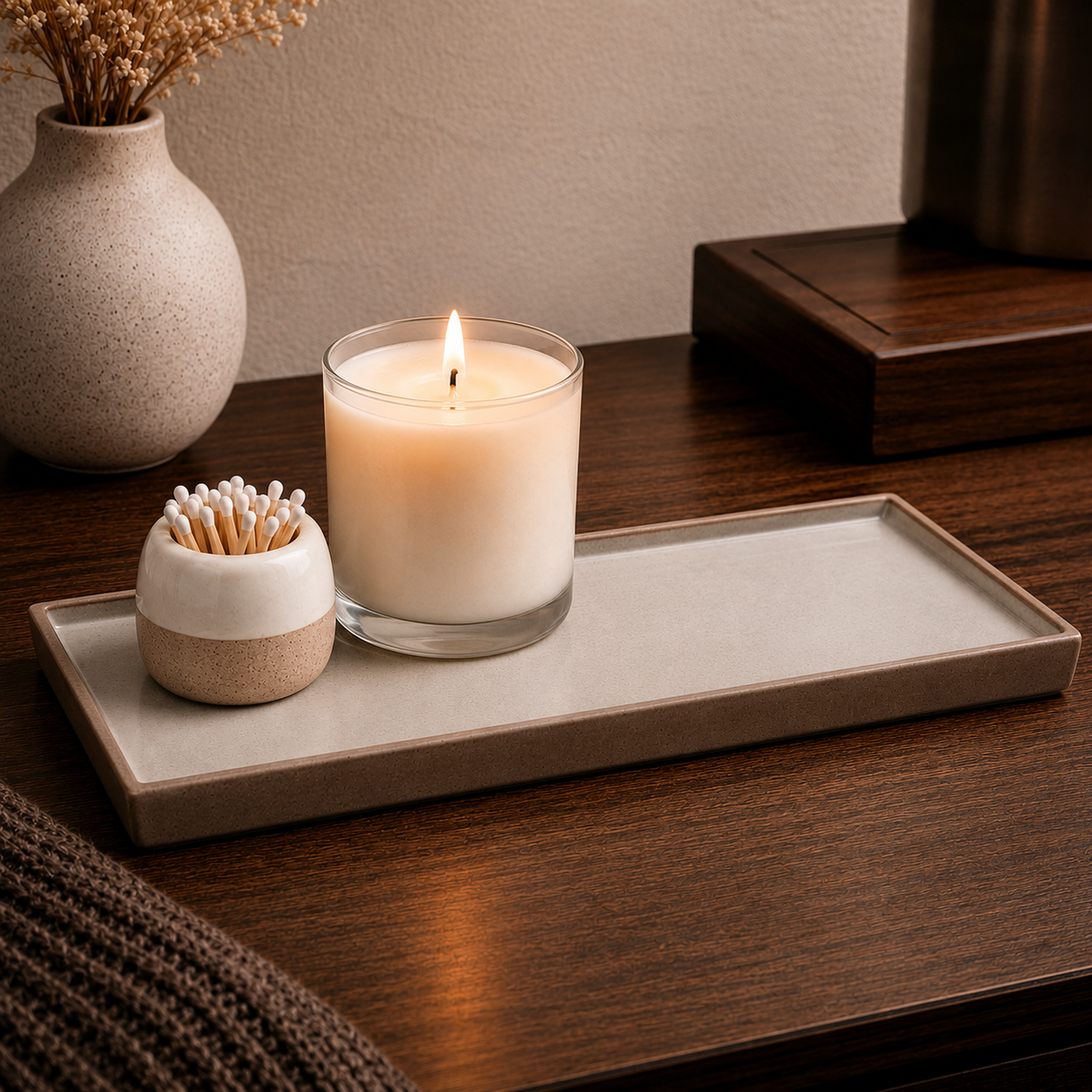 Rectangular ceramic candle tray holding a lit candle and a match pot