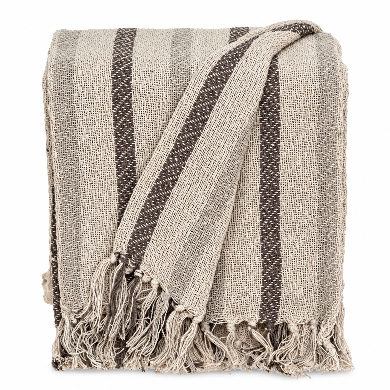 Beige and gray striped cotton throw folded on a white background