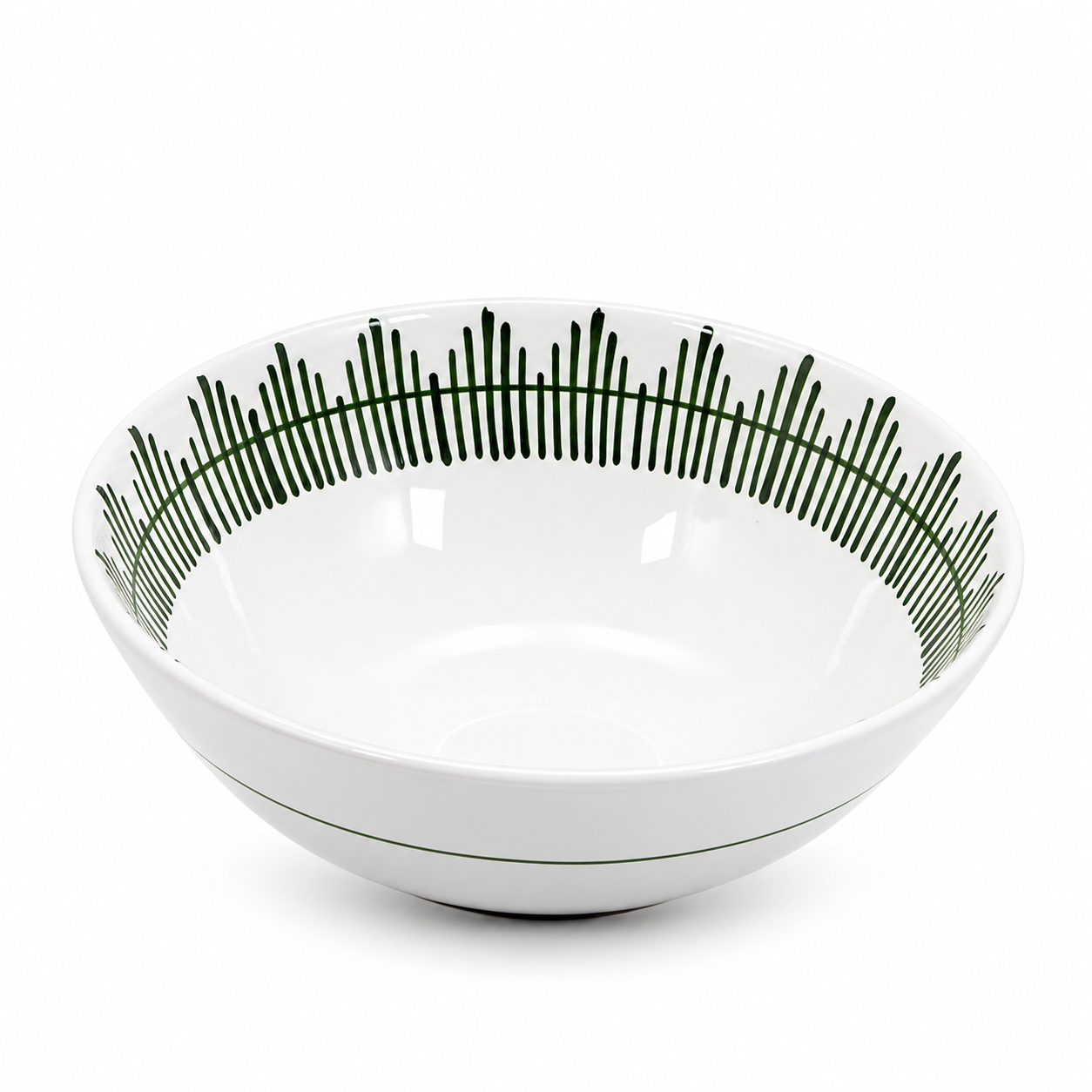 White Giardino ceramic serving bowl with a hand-painted green patterned rim on a white background