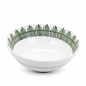 White Giardino ceramic serving bowl with a hand-painted green patterned rim on a white background