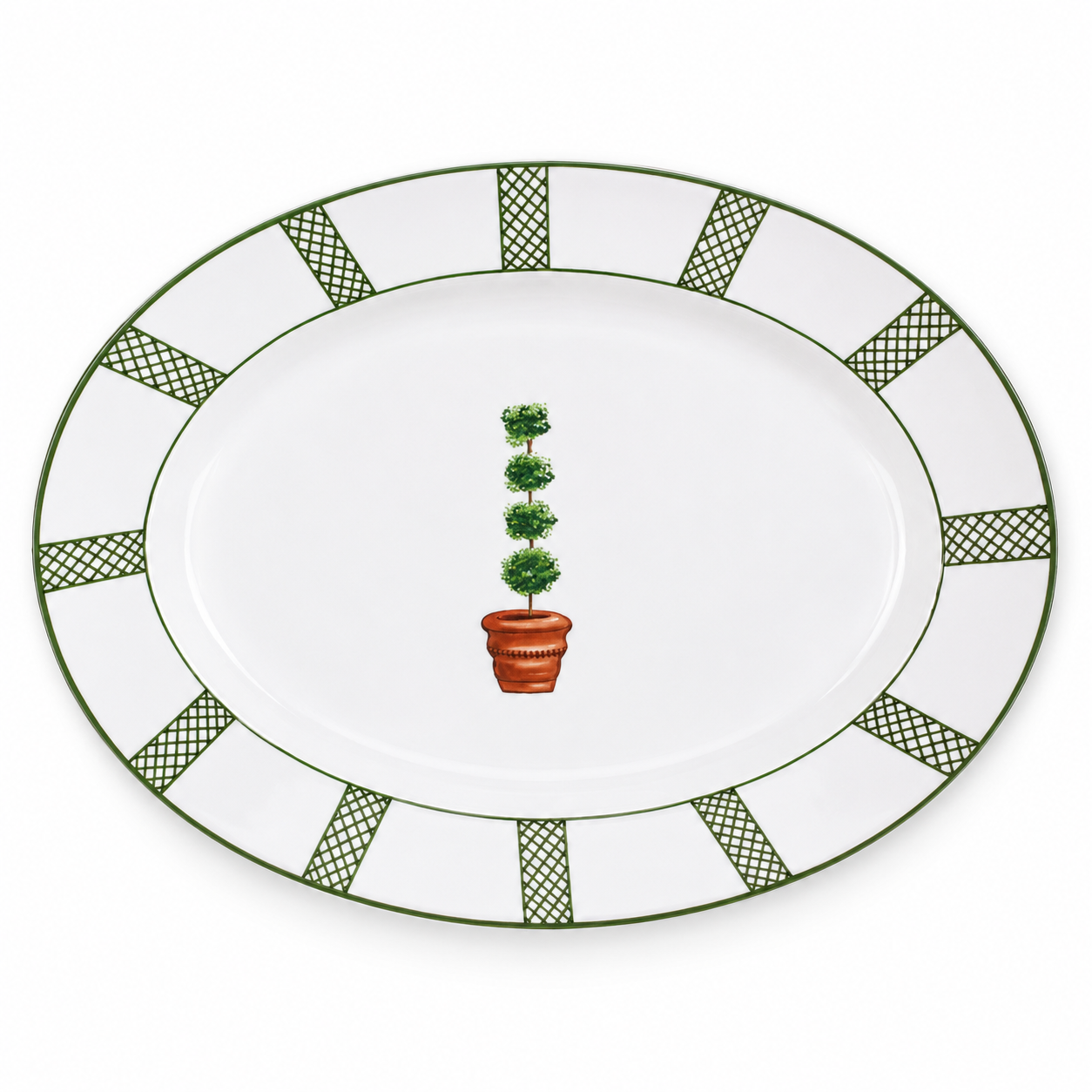 Giardino oval ceramic serving platter with a green topiary motif and patterned border on a white background