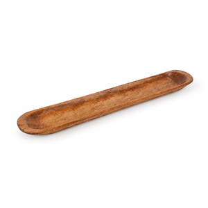 40-inch long oval wood dough bowl with a rustic finish on a white background