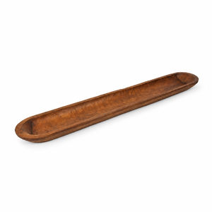30-inch oval wood dough bowl with a rustic finish on a white background