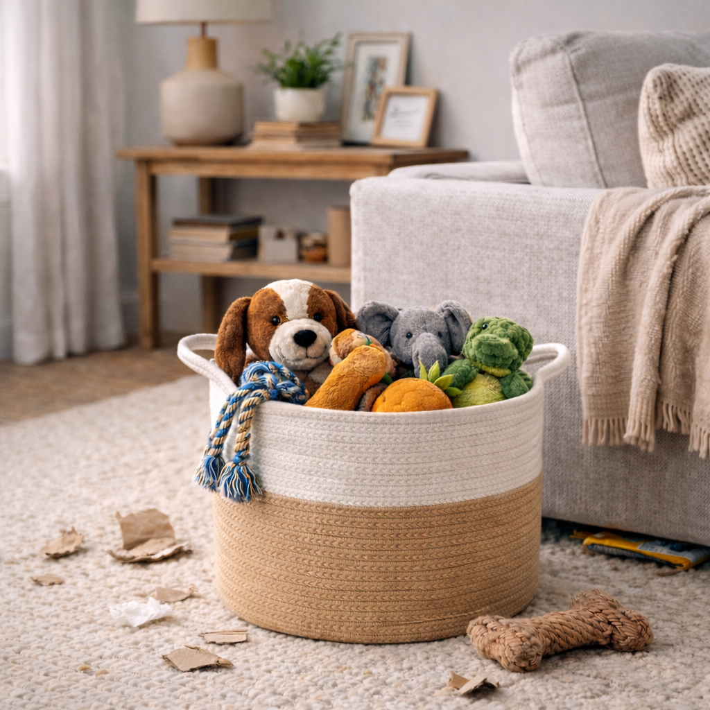 Toy basket with plush toys in a living room setting
