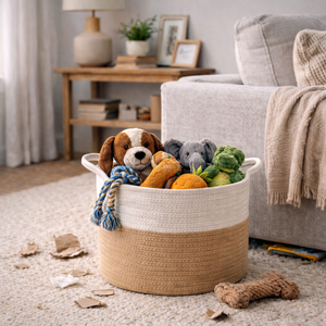 Toy basket with plush toys in a living room setting