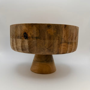 Wooden pedestal bowl with a broad bowl and flared base, side view