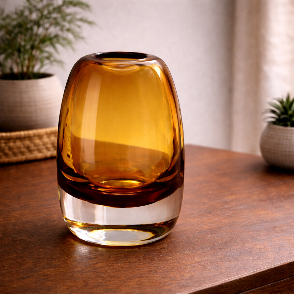 Large amber glass bud vase with a thick clear base on a wooden table