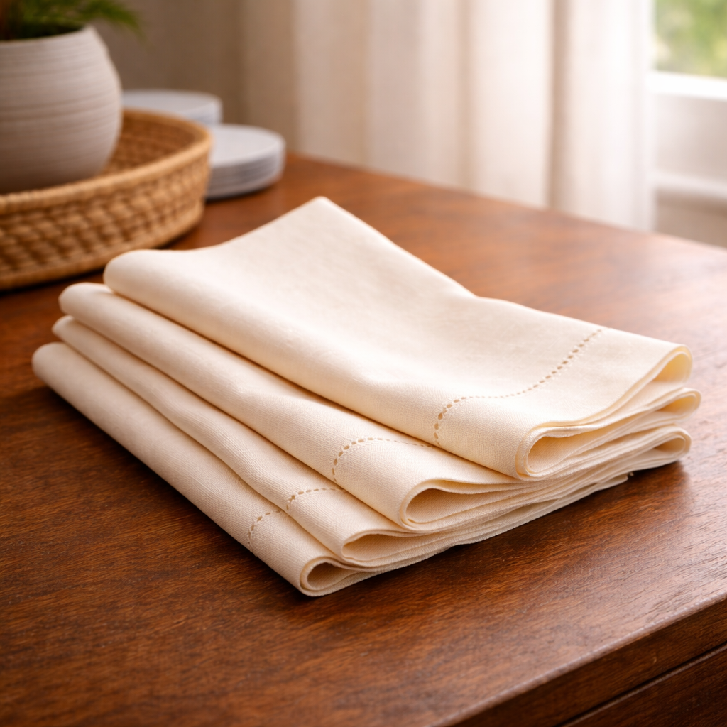 Four natural linen napkins folded in a stack on a wooden table
