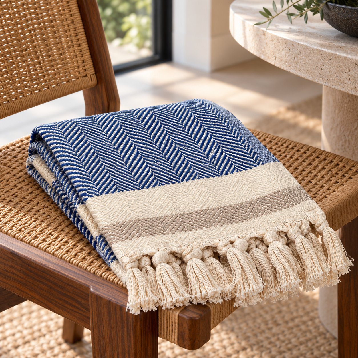 Navy and cream Pipa cotton throw with a herringbone pattern and tassels on a woven chair