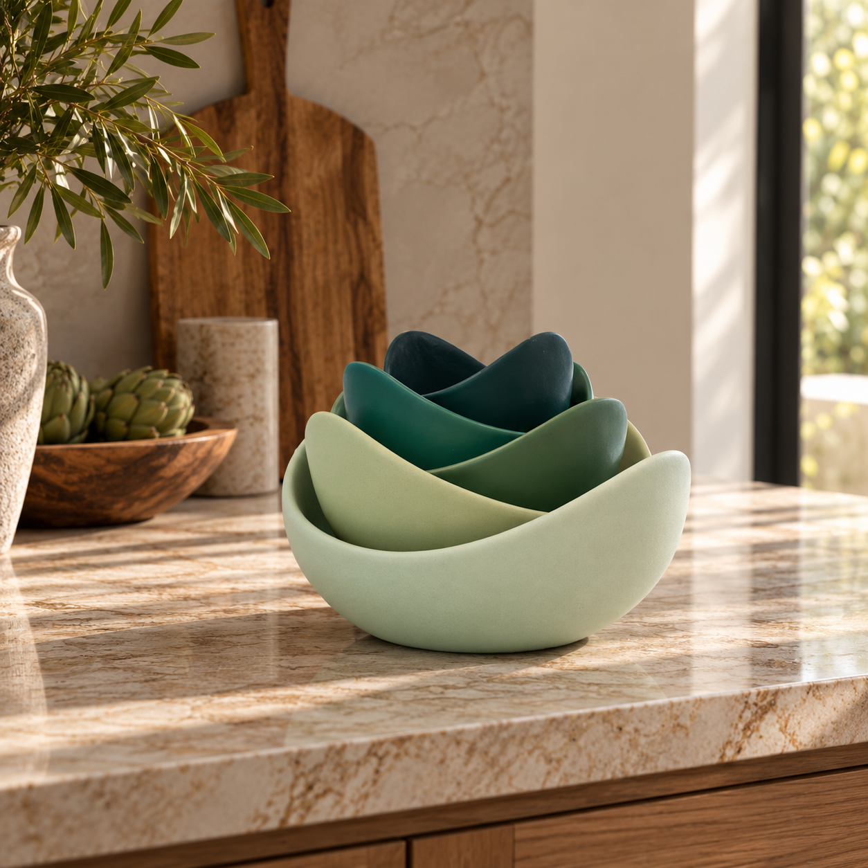 Five green Natalia stoneware bowls nested together on a kitchen counter