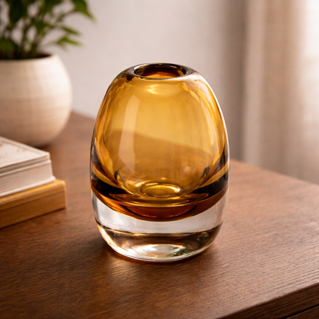 Small amber glass bud vase with a thick clear base on a wooden table