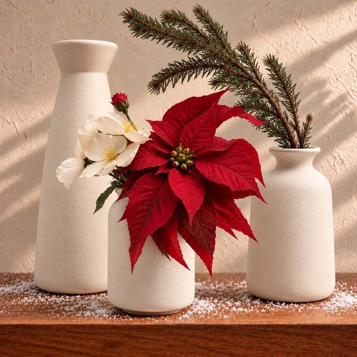 Three white ceramic vases styled with poinsettia, white flowers and evergreen branches