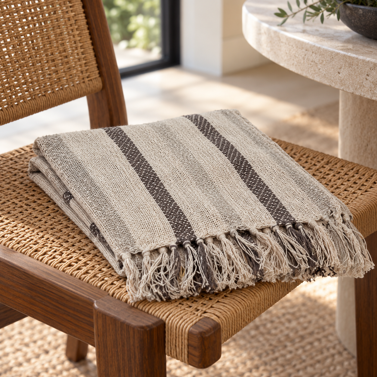 Beige striped cotton throw with fringed ends folded on a woven chair