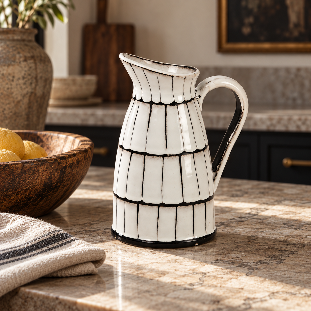 White and Black Glazed Ceramic Pitcher