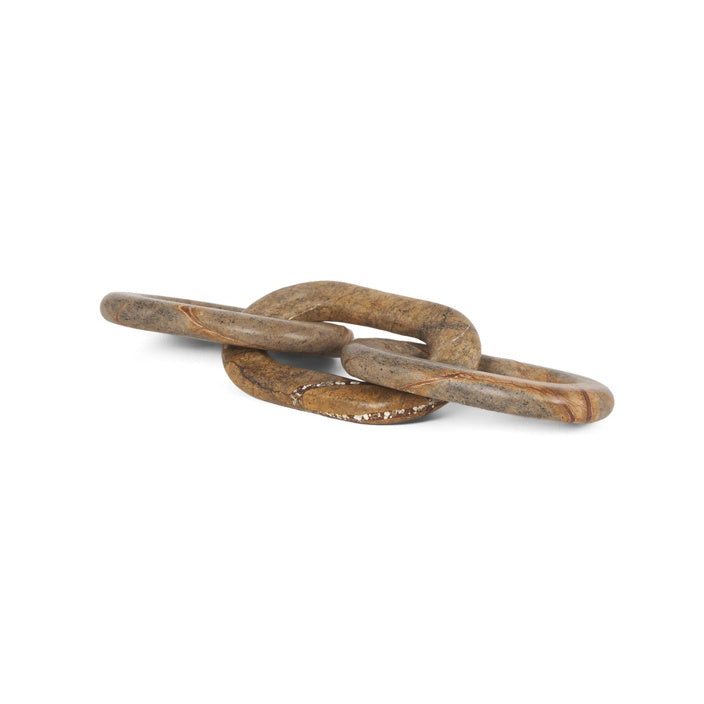 Brown marble sculpture with interlocking geometric links on a white background