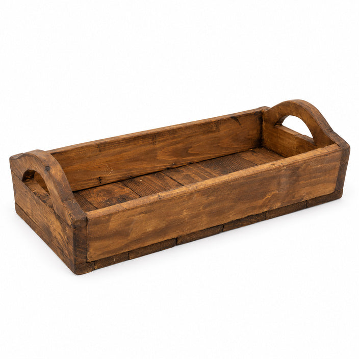 Reclaimed wood serving tray with handles on a white background