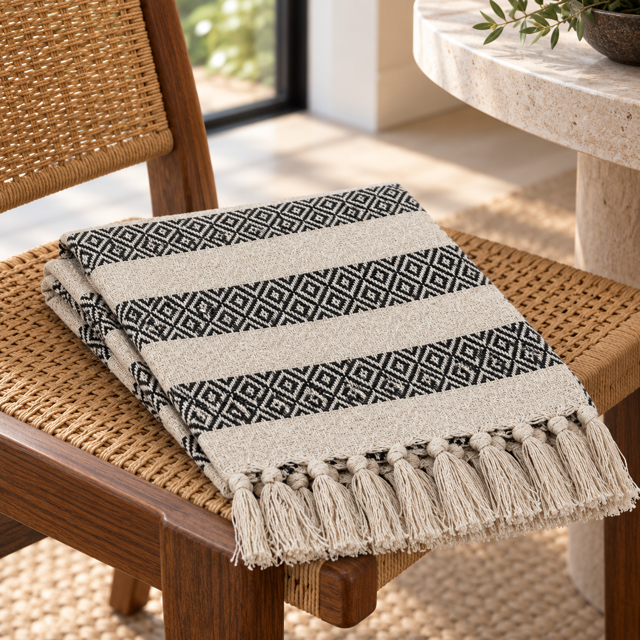 Beige Rosie cotton throw with black geometric bands and fringe folded on a woven chair