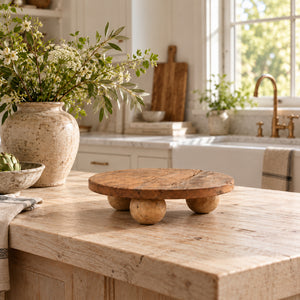 Round reclaimed wood riser standing level on a kitchen island