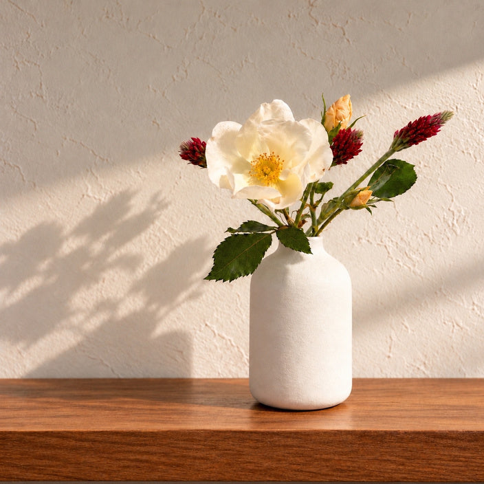 White sand-glazed bud vase with flowers on a wooden shelf