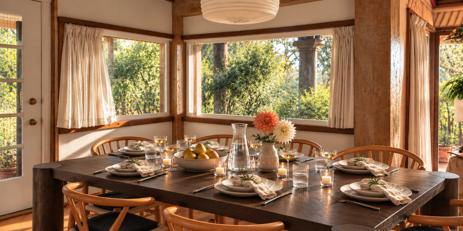 A sunlit dining table set with cream ceramics, linen napkins, glassware and flowers overlooking a leafy garden.